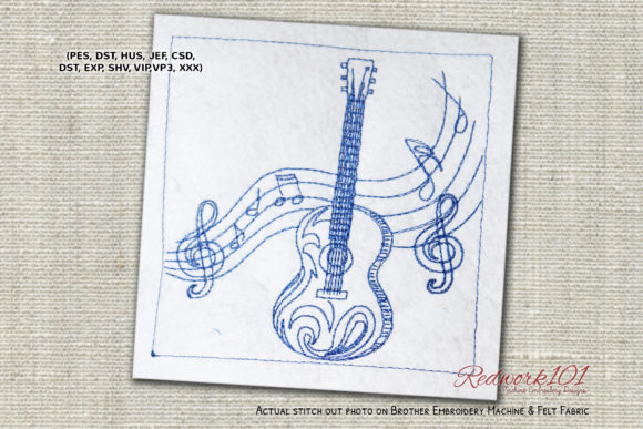 Guitar with Musical Notes Redwork